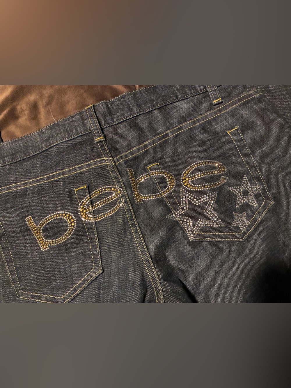 Bebe brand, size 31, dark blue jeans, sparkly bebe and stars on backside - Picture 7 of 13